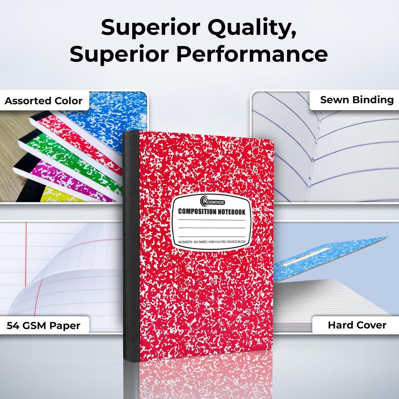 Rosmonde 12 Pack Bulk Composition Notebooks College Ruled  200 Pages (100 Sheets)  9-3/4 x 7-1/2  Hard Cover College Ruled Notebooks  Assorted Colors Composition Notebook For School  Colors May Repeat - Image 2